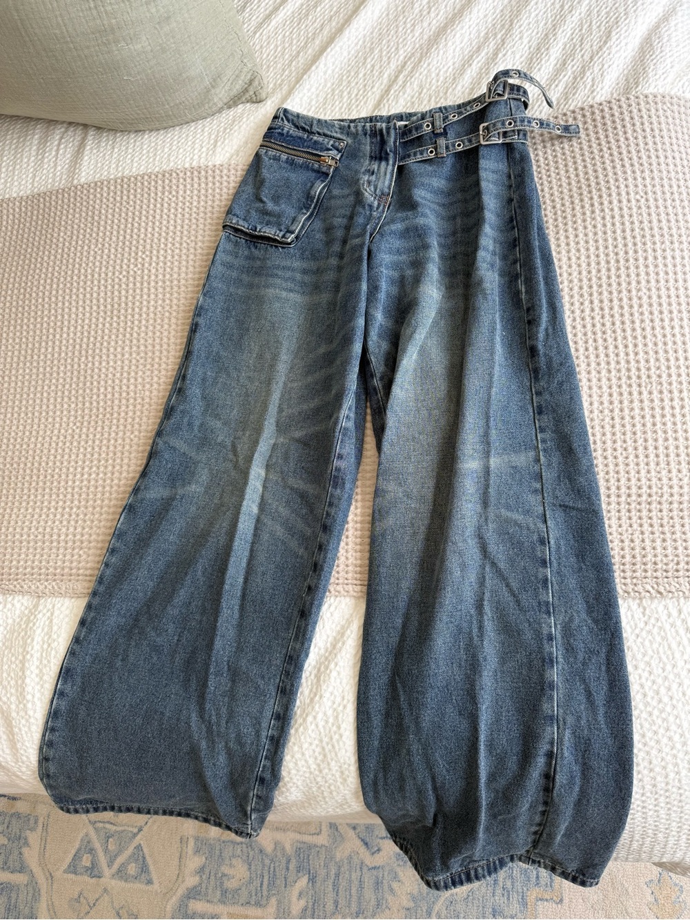 Princess Polly PETITE Medium Blue Denim Wide Leg Pants with Waist Straps